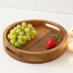 Bandeja Redonda de Madera Hecha a Mano con Asas Recortadas |   Bandeja Multiusos para Servir en la Cocina y el Comedor - Product Image 2