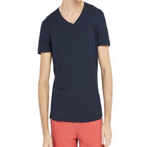 Camiseta de algodón de manga corta con cuello en V para hombre, corte regular, color azul marino, informal, tejido de punto. - Product Image 2