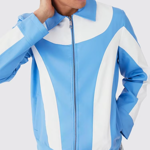 Veste en similicuir PU bleu personnalisée pour homme, style moto, coupe carrée, avec fermeture éclair et blocs de couleur, collection automne - Product Image 4