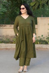 Conjunto de pantalón y kurta para mujer, estilo Anarkali, cuello en V, con detalles de botones, cintura imperio, informal, para oficina. - Product Image 2