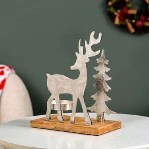 Silver Reindeer With <b>Christmas</b> <b>Tree</b> Metal Craft Wood <b>Base</b> Candle Holder Holiday Decoration - Product Image 4