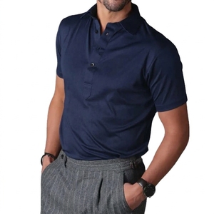 Camisa de punto 100% algodón para hombre, con logotipo personalizado, manga corta, cuello vuelto, teñido liso, antiarrugas, ropa casual, venta al por mayor - Product Image 2