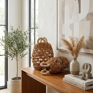 Cesta de Almacenamiento Tejida a Mano con Diseño de Rejilla Abierta, Asa Envuelta en Blanco, Maceta en Forma de Campana, Decoración Artística Pura - Product Image 5