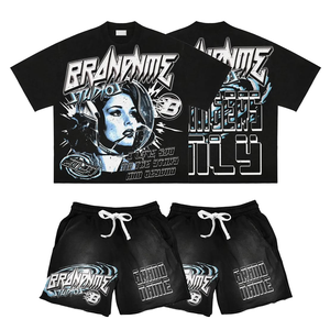 Ensemble T-shirt et short d'été personnalisé avec impression DTG délavée à l'acide, 2 pièces, mélange polyester/coton, séchage rapide, haute qualité 300 GSM, décontracté pour homme - Product Image 3