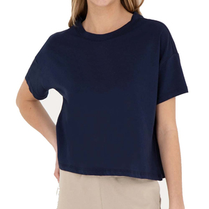 Women's <b>Navy</b> Blue Crop T-Shirt Short Sleeve Crew Neck Solid Color Casual Spring Summer 100% Cotton Jersey Knit Breathable - Product Image 5
