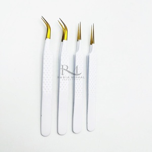 Pinzas de acero inoxidable para extensión de pestañas con punta de color plasma dorado y color blanco polvo, puntas regulares. - Product Image 1