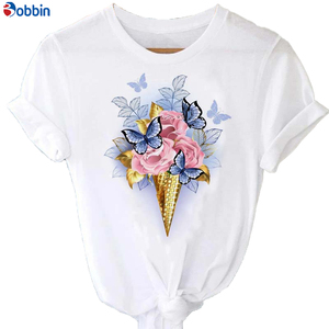Camiseta estampada de manga corta para mujer, estilo dulce, top con estampado de rosas y mariposas, holgada y transpirable - Product Image 5