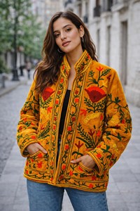 Handcrafted Mustard Velvet <b>Quilted</b> Jacket Kashmiri Floral Crewel Embroidery Bohemian Winter Coat Festival Wear Breathable - Product Image 2