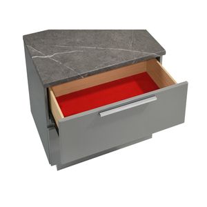 Mesa de Noche Elara de Dos Tonos con Acabado en Laca de Mármol de Alto Brillo, Cajones Forrados en Terciopelo Rojo y Patas con Acabado Metálico en Gris Sam - Product Image 4