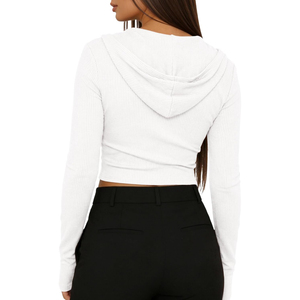 Premium OEM ODM Women's <b>White</b> Knitted Hooded <b>Crop</b> <b>Top</b> Full <b>Sleeve</b> Zip-Up Solid Color Autumn Wear Breathable <b>Long</b> <b>Sleeve</b> Sweater - Product Image 2