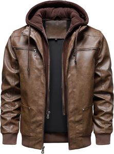 Veste de moto en cuir PU marron pour homme, à capuche, fermeture éclair sur le devant, couleur unie, style automne, manches régulières - Product Image 4