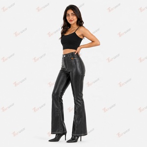 Pantalon évasé taille haute en similicuir PU pour femme, couleur unie, style moto, longueur complète avec poches, fermeture boutonnée, coupe droite, idéal pour l'hiver - Product Image 4