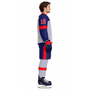 Ensemble d'uniformes de hockey sur glace pour hommes, impression sublimée, évacuation de l'humidité, manches longues, design rayé, numéro 18, bleu, rouge, blanc, taille adulte - Product Image 5