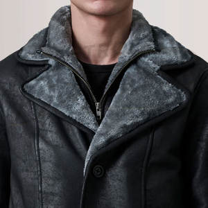 Manteau long en cuir véritable noir pour homme avec doublure en fourrure grise, chaud pour l'hiver, coupe ajustée, en peau de mouton - Product Image 2