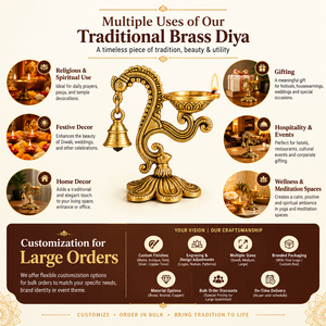 Handcrafted Brass Swan Neck Diya Stand Hanging Bell Oil Lamp Traditional Brass Deepam Decorative Puja Diya for Temple <b>Mandir</b> - Product Image 2