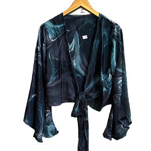 Elegant <b>Women's</b> Pure Silk Wrap Tie Top Hot Sale Summer Crop Top with Deep V Long Bell Sleeve Sexy Style - Product Image 1