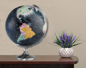 Modern Black Ocean World Globe with Brushed Silver Stand and Numbered Meridian for Desk - Product Image 4