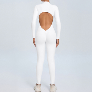 Combinaison de yoga pour femme, blanche, col en V, dos nu, taille haute, coupe ajustée, longueur intégrale, en Spandex et Polyester, respirante et écologique - Product Image 1