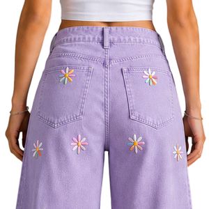 Vaqueros anchos de mujer morados lavanda con bordado floral, cintura alta, ajuste holgado, estilo baggy, pantalones de mezclilla informales, ropa de calle, OEM personalizado - Product Image 6