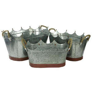 Ensemble de jardinières grises galvanisées décoratives pour l'extérieur fournitures de jardin jardinières en métal avec poignées et design sculpté à la main - Product Image 5