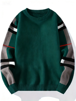 Pull en tricot pour homme à manches à carreaux, coupe classique, col rond, avec logo au dos, idéal pour l'automne