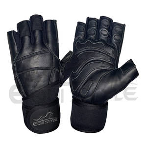 Gants de sport pour hommes en cuir noir, logo personnalisé, sangle, vente en gros, gants de musculation avec support pour les poignets - Product Image 1