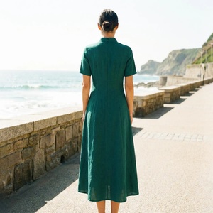 Robe midi trapèze décontractée pour femme en lin biologique vert, col en V, manches cloche, ample, respirante, couleur unie, style vintage, 100 % coton - Product Image 2
