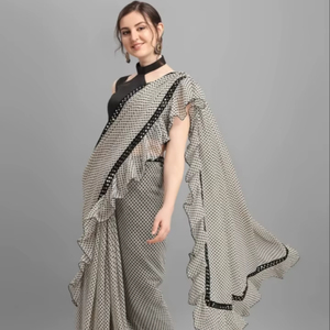 Sari de Georgette y Chiffon con Estampado Polka KV, Diseño Bollywood - Product Image 1