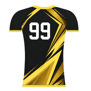 Maillot de compression athlétique à manches courtes noir et jaune doré, col ras du cou, motif éclair, pour entraînement de performance et sports de rame - Product Image 2