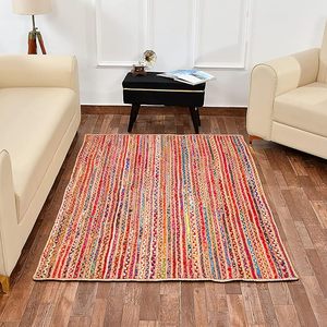 Alfombra Rectangular de Yute y Algodón Trenzado Natural Ecológico de la India, Alfombra de Algodón Chindi para Sala de Estar, Dormitorio - Product Image 1
