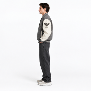 Chaqueta Varsity Gris para Hombre, Mezcla de Lana, Mangas con Botones Decorativos, Cierre con Botones Cubiertos, Corte Cuadrado, Estilo Urbano Personalizado, Transpirable, OEM - Product Image 3