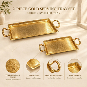 Ensemble de plateaux de service en aluminium finition or opulent, plateaux rectangulaires texturés avec poignées |   Articles de table de luxe pour la décoration de la table - Product Image 5