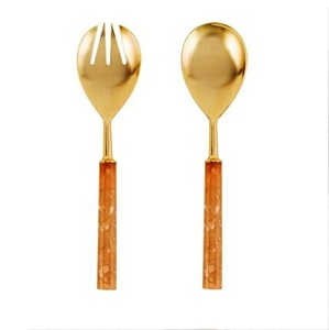 HANDICRAFT HUB THH-RSS-8525 Hergestellt in Indien 2-teiliges Umweltfreundliches Salatbesteck-Set Grün-Orange Wellengriff Servierlöffel Spülmaschinenfest - Product Image 1