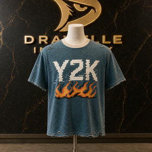 Y2K Pixel <b>Flame</b> High Street T-<b>Shirt</b> Deep Teal Acid Wash Oversized Silk Screen Printed Streetwear with Distressed Vintage Cotton - Product Image 1