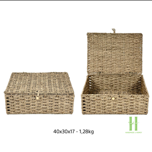 Durable Seagrass Storage Box with Lid Hand-woven Rectangular <b>Wicker</b> Basket Braided Natural Grass Organizer <b>Bin</b> for Multi-purpose - Product Image 2