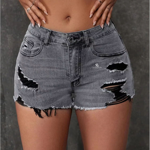 Shorts en jean personnalisés pour femme, taille haute, élastique, délavage acide, ourlet effiloché, coton, décontracté, sportswear d'été 2026 - Product Image 5