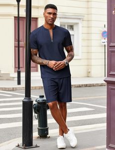 Ensemble deux pièces tricoté de haute qualité pour homme : T-shirt décontracté à col zippé et short athlétique respirant et confortable pour la course et l'entraînement estival - Product Image 4