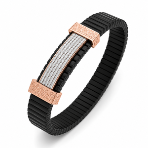 Pulsera de Oro Rosa de 18kt con Dijes Negros, Corte Brillante Redondo Blanco, Barra Central de Varias Filas, Alto Pulido, Regalo de Moda para Hombre - Product Image 2