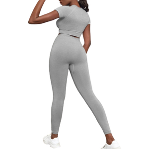 Premium Selling Short Sleeve Crop Top T Shirts & <b>Leggings</b> Sweat-Wicking Breathable Fitness Four-Way Stretch Activewear Set - Product Image 6