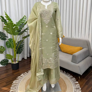 Conjunto de Salwar Kameez de Seda TENNECY Crancy para Fiesta con Bordado Intenso, Reversible, Antiarrugas, de Secado Rápido y Elástico - Product Image 1
