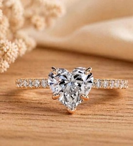 Anillo de Compromiso con Diamante Cultivado en Laboratorio, Corte Corazón y Redondo, Oro Sólido de 10K, 14K, 18K, Banda de Platino, Joyería Fina Romántica para Novia, Color DEF - Product Image 4