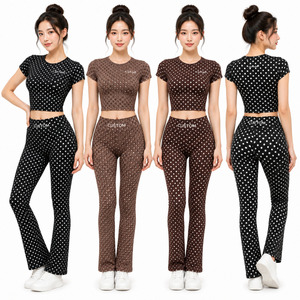 new custom women's <b>set</b> polka dotted short sleeve fitted crop top fold over high waist bootcut flare yoga pants 2026 - Product Image 3