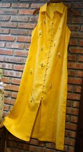 Robe longue jaune sans manches avec broderie florale, coupe ample, décontractée, pour le printemps, en coton tissé - Product Image 1