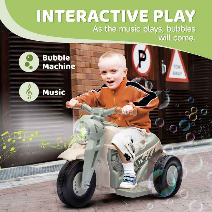 Cream White 6V Bubble Car Kids' 3-Wheeled Electric Motorcycle with LED Headlight & Music Ride-On Electric Tricycle