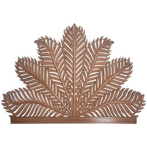 Cabecero de Cama de Madera Tallada a Mano con Acabado Marrón, Diseño de Hoja de Palma en Forma de Media Luna, Tamaño Queen, Decoración de Pared para el Hogar - Product Image 1