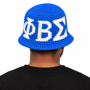 Sombrero de Pescador de Ganchillo Azul Rey y Blanco Phi Beta Sigma para Hombre, Hecho a Mano, con Letras Griegas Tejidas, Ala Ancha, Estilo Casual - Product Image 2