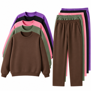 Ensemble jogging en molleton marron pour homme, sweat-shirt à col rond et pantalon assorti, vêtements décontractés pour la maison - Product Image 2