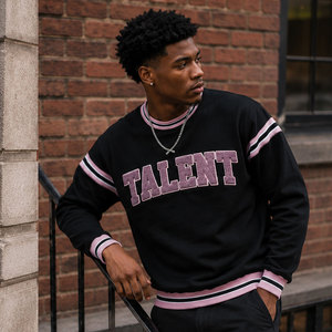 <b>Men's</b> Custom <b>Black</b> Crewneck <b>Sweatshirt</b> with Chenille Varsity Lettering Pink Striped Sleeves Rib Cuffs and Hem - Product Image 6