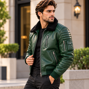 Wholesale <b>Men's</b> Genuine Leather <b>Flight</b> <b>Jacket</b> with Shearling Collar Quilted Shoulders Custom Color OEM Zip Pocket Outerwear - Product Image 3