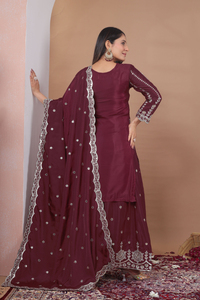 Glamorous <b>Sequin</b> Embroidery Crepe <b>Flared</b> Plazo Set With Dupatta Indian Festive Wear Three Piece Salwar Suit For Women - Product Image 5